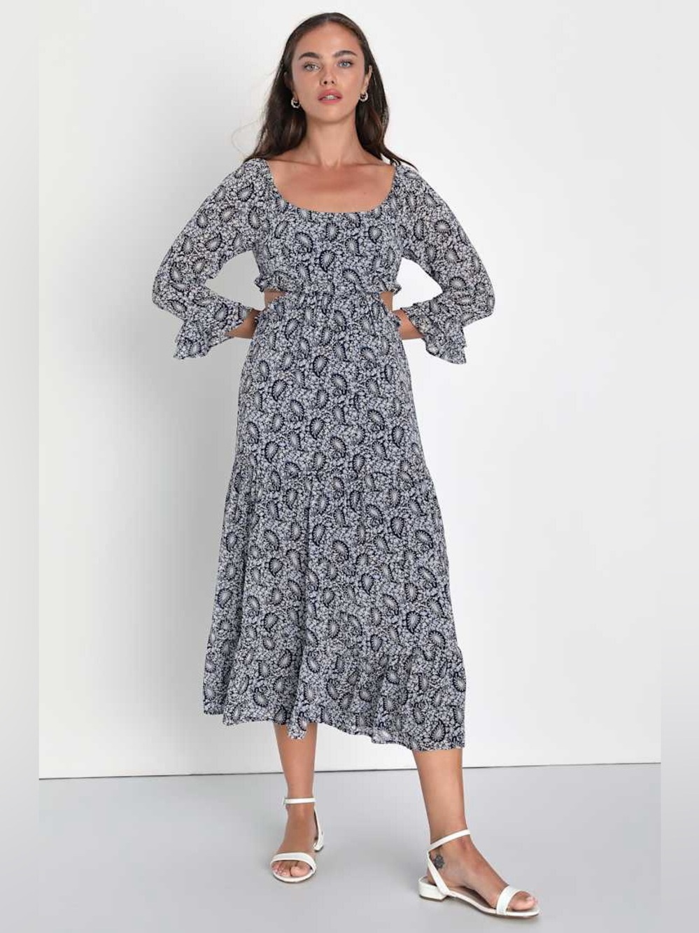 New LULUS SZ SM Blissful Sweetie Navy Blue Paisley Tiered Cutout Midi Dress